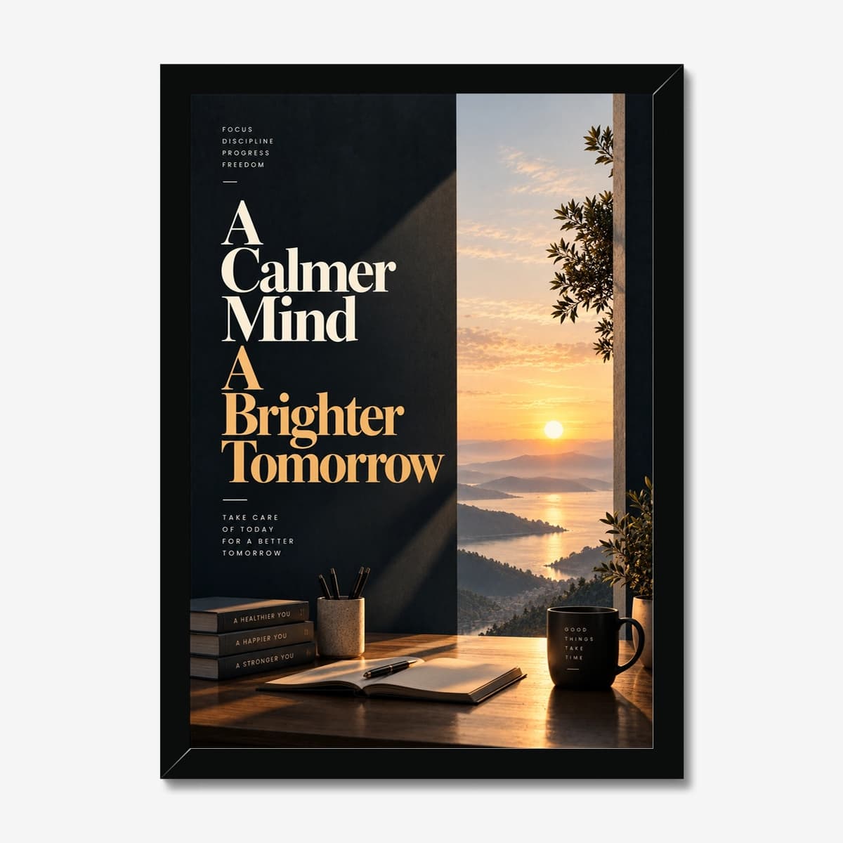 A Calmer Mind in a black Classic frame; digital preview