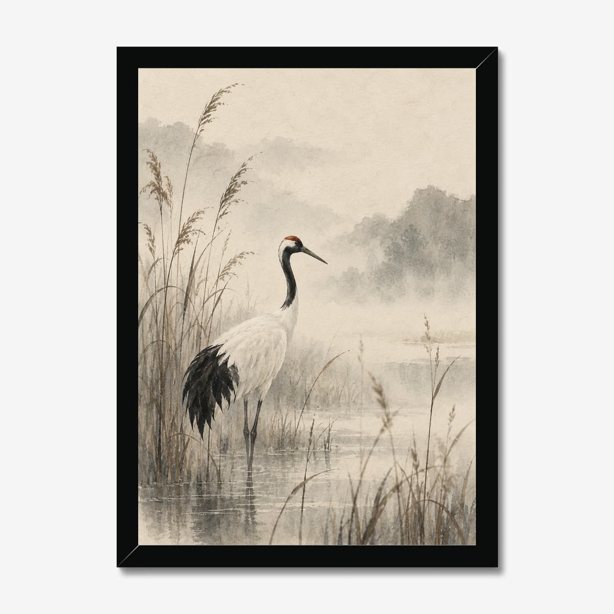 Misty Crane Wetlands in a black Classic frame; digital preview