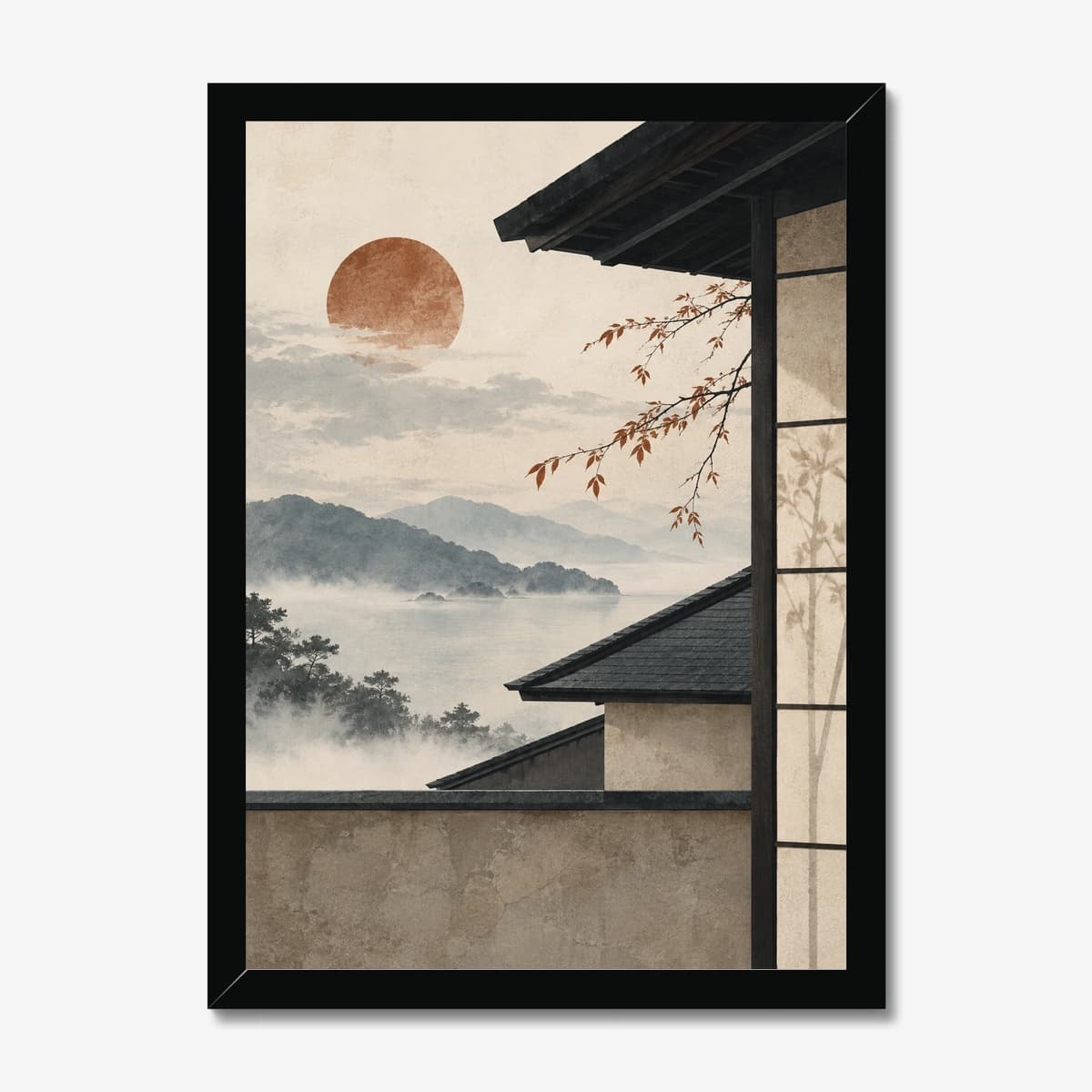 Misty Temple Landscape in a black Classic frame; digital preview