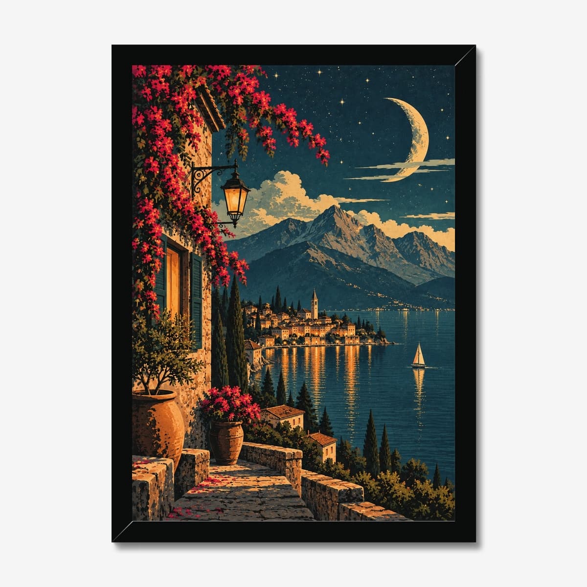 Moonlit Coastal Village in a black Classic frame; digital preview