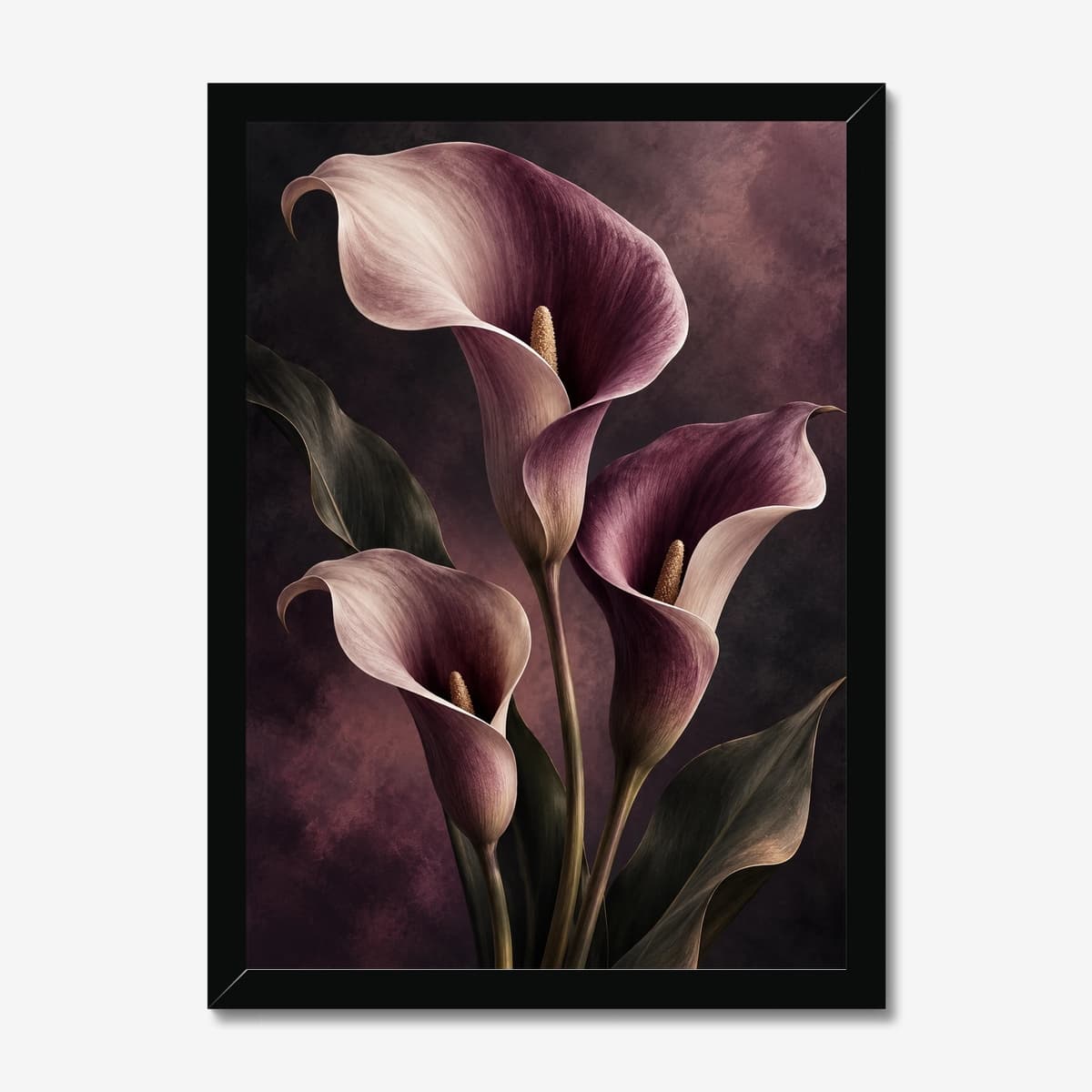 Plum Calla Lilies in a black Classic frame; digital preview