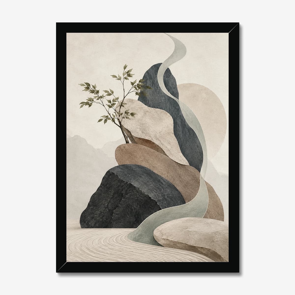 Sage Ribbon Rock Garden in a black Classic frame; digital preview