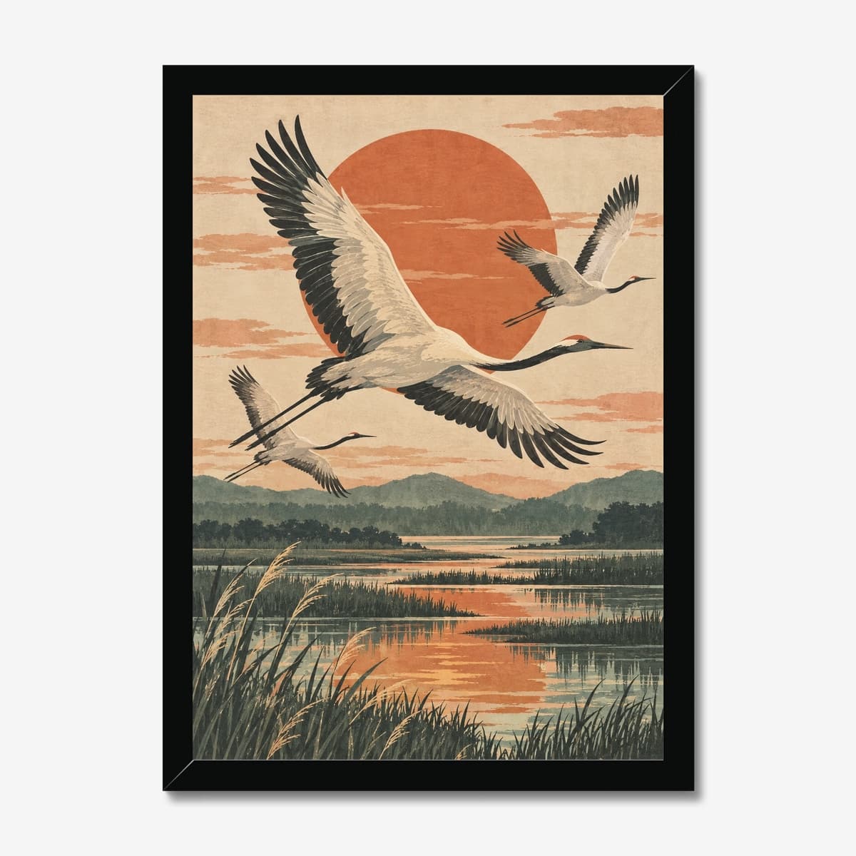 Sunset Cranes in a black Classic frame; digital preview