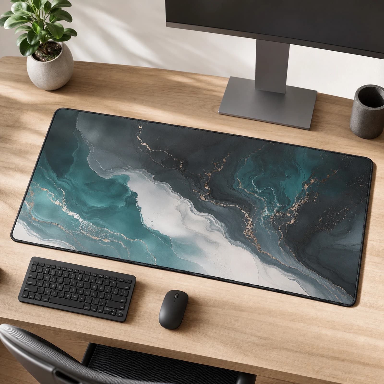 Wide custom printed desk mat on a workspace