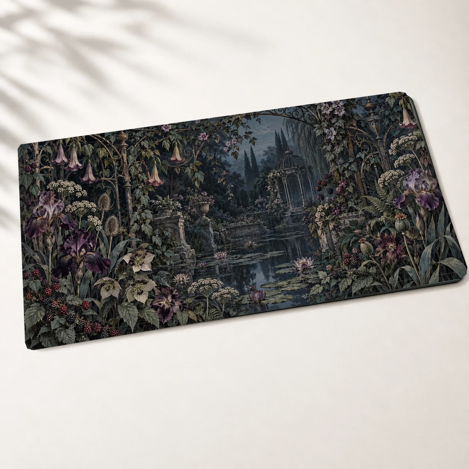 Moonlit garden with a still pond, stone pavilion, climbing foxgloves, and water lilies in midnight blue and green.