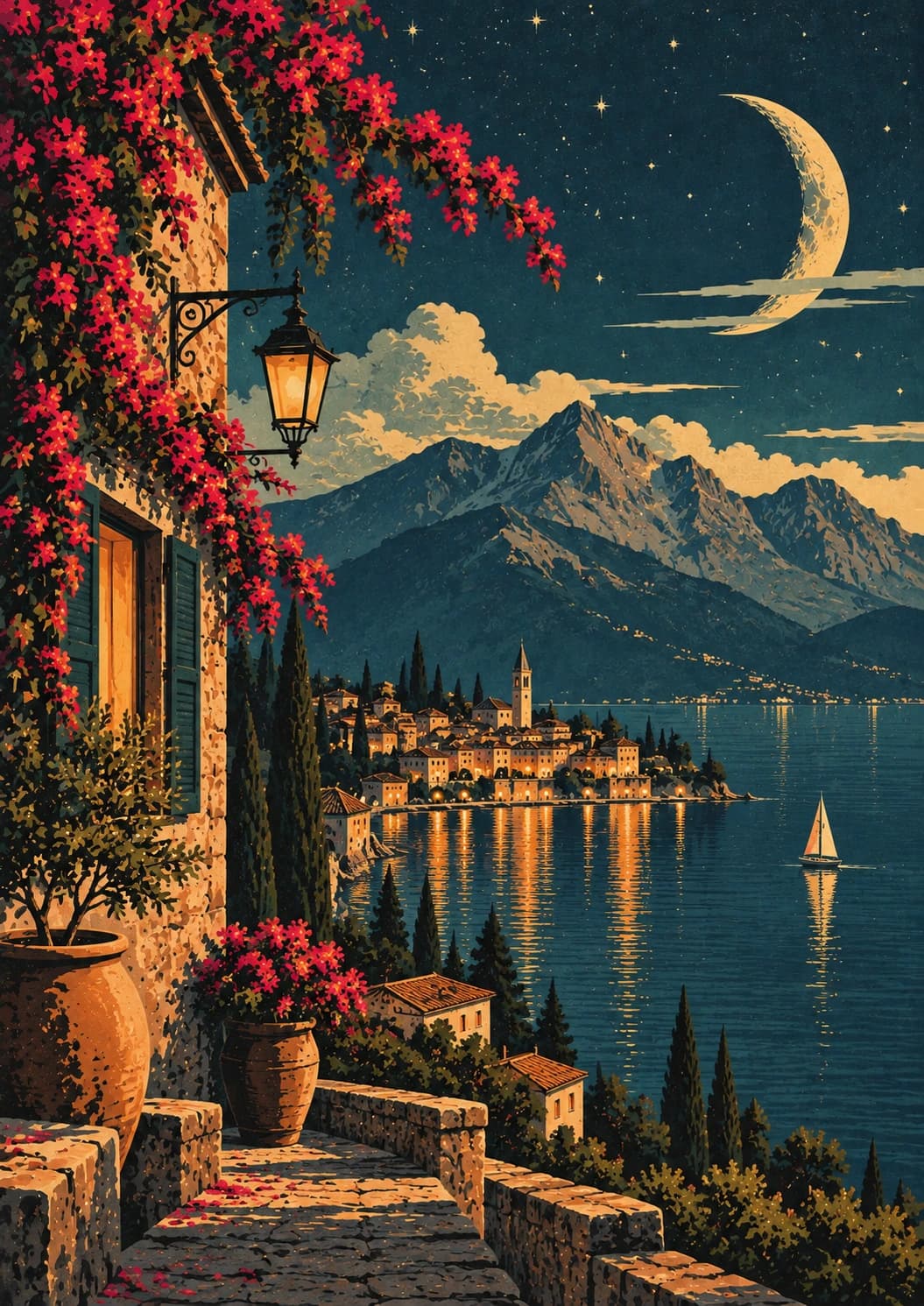 Moonlit Coastal Village