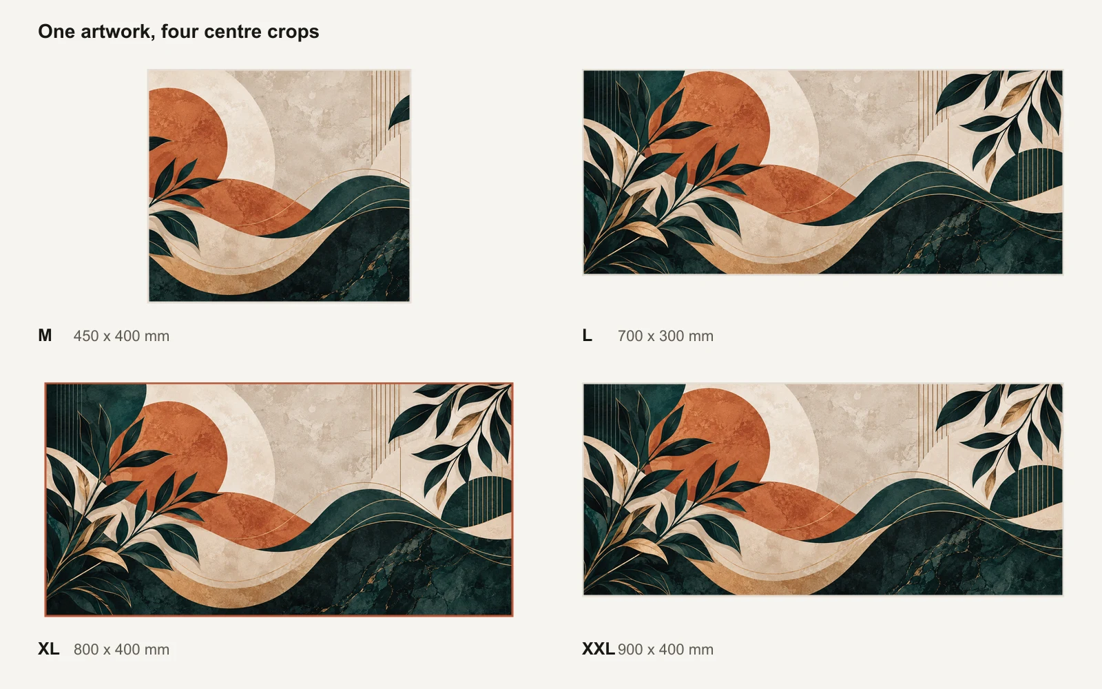 The same Botanical Current artwork centre-cropped proportionally for M, L, XL, and XXL desk mat sizes