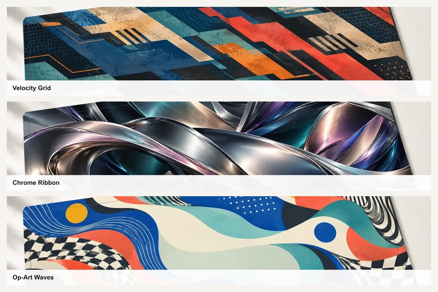 Three real bold desk mat designs: Velocity Grid, Chrome Ribbon, and Op-Art Waves