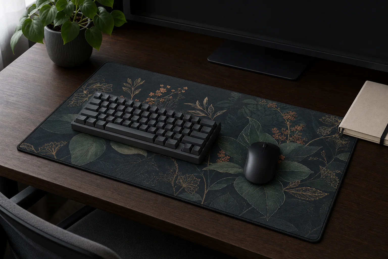 Midnight Garden botanical desk mat beneath a black keyboard and mouse on a dark wood desk