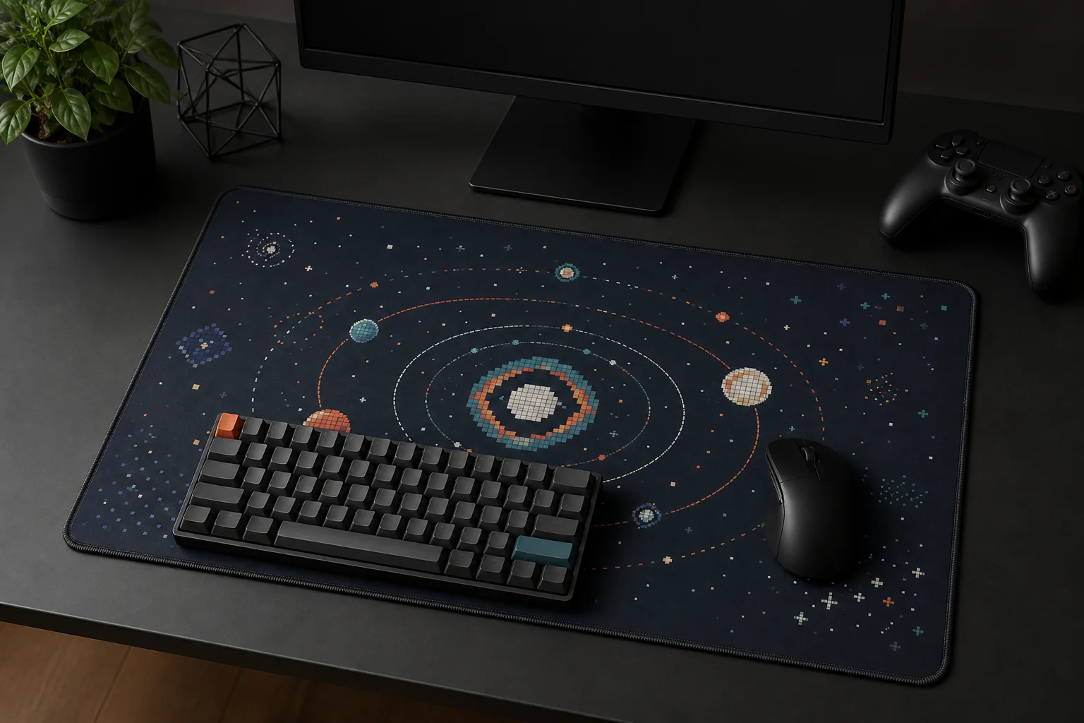 Pixel Orbit gaming desk mat with a black keyboard, mouse, monitor, and two restrained accent keycaps