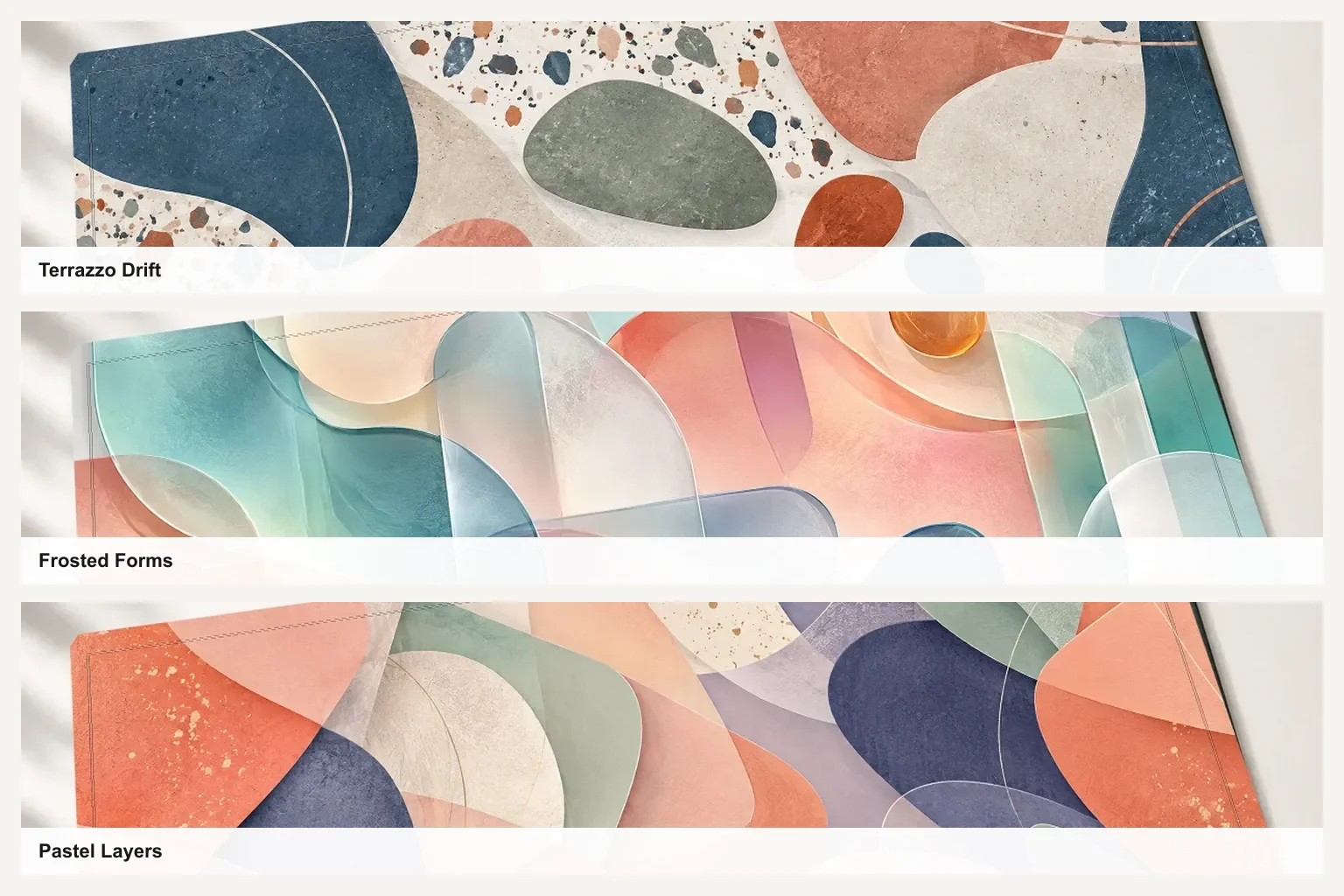 Three real light and warm desk mat designs: Terrazzo Drift, Frosted Forms, and Pastel Layers