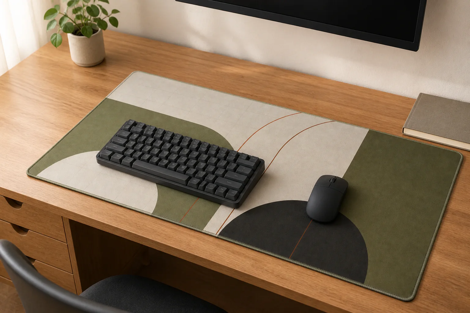 Olive Arch desk mat on a warm wood desk with a charcoal keyboard and mouse