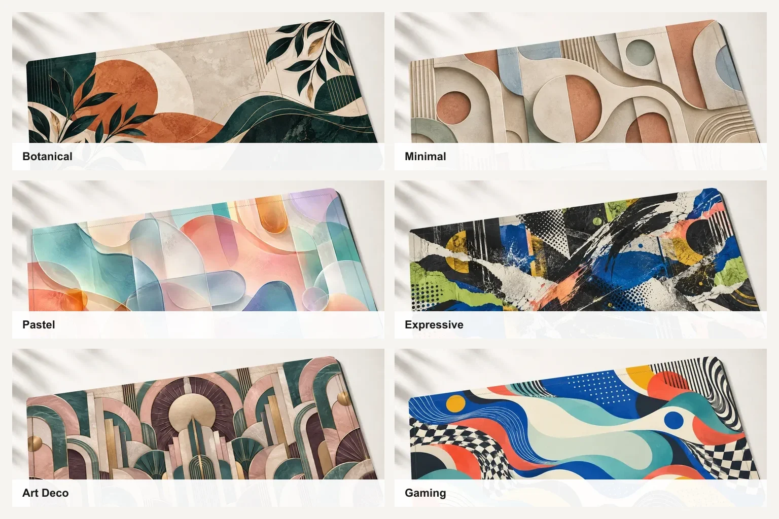 Six real printed desk mat mockups comparing botanical, minimal, pastel, expressive, Art Deco, and gaming design styles