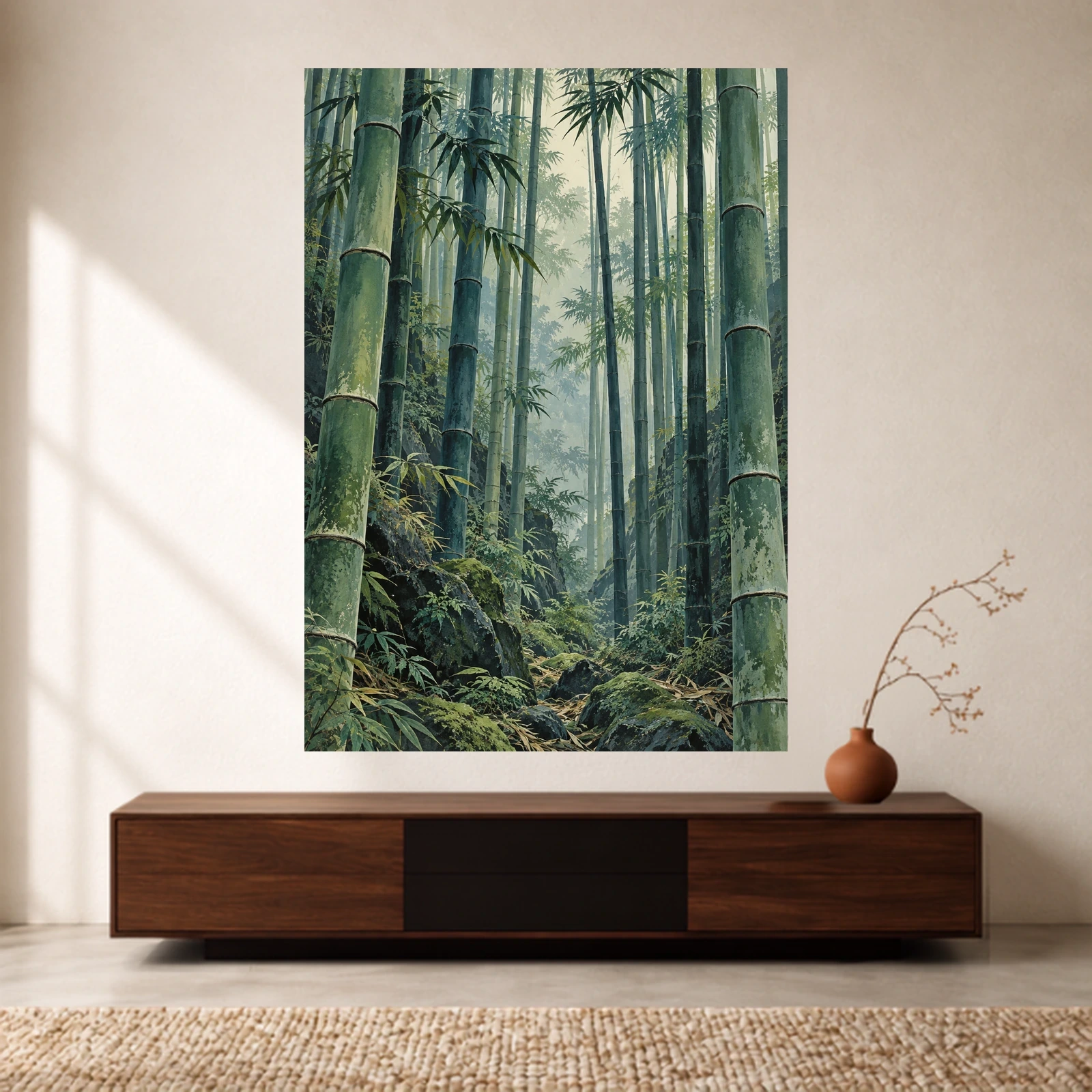 Bamboo Quiet print preview showing tall green bamboo stems, dense leaves, mossy rocks and a pale opening through the grove