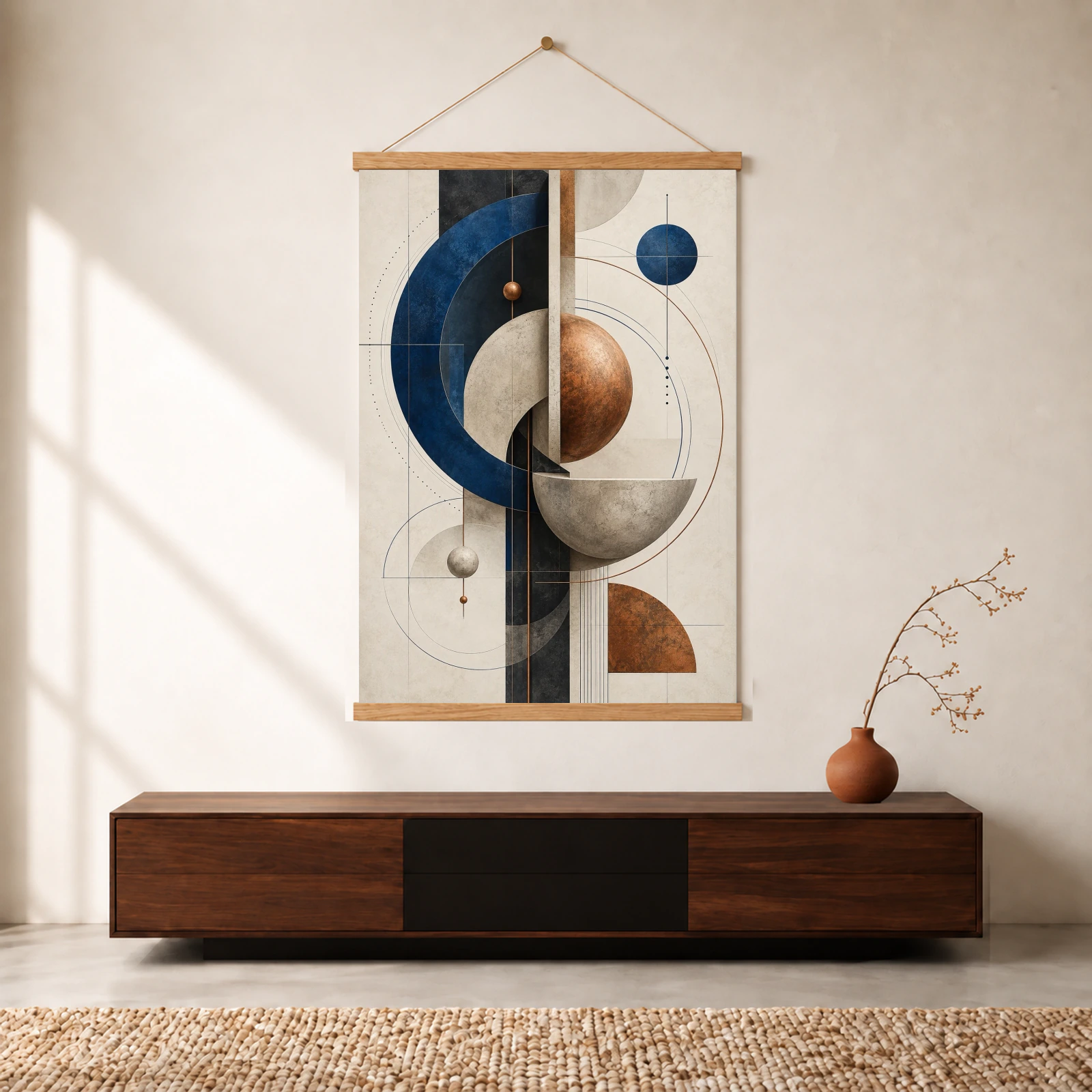 Bauhaus Orbit held between Natural Oak wooden poster rails with a hanging cord; digital product preview