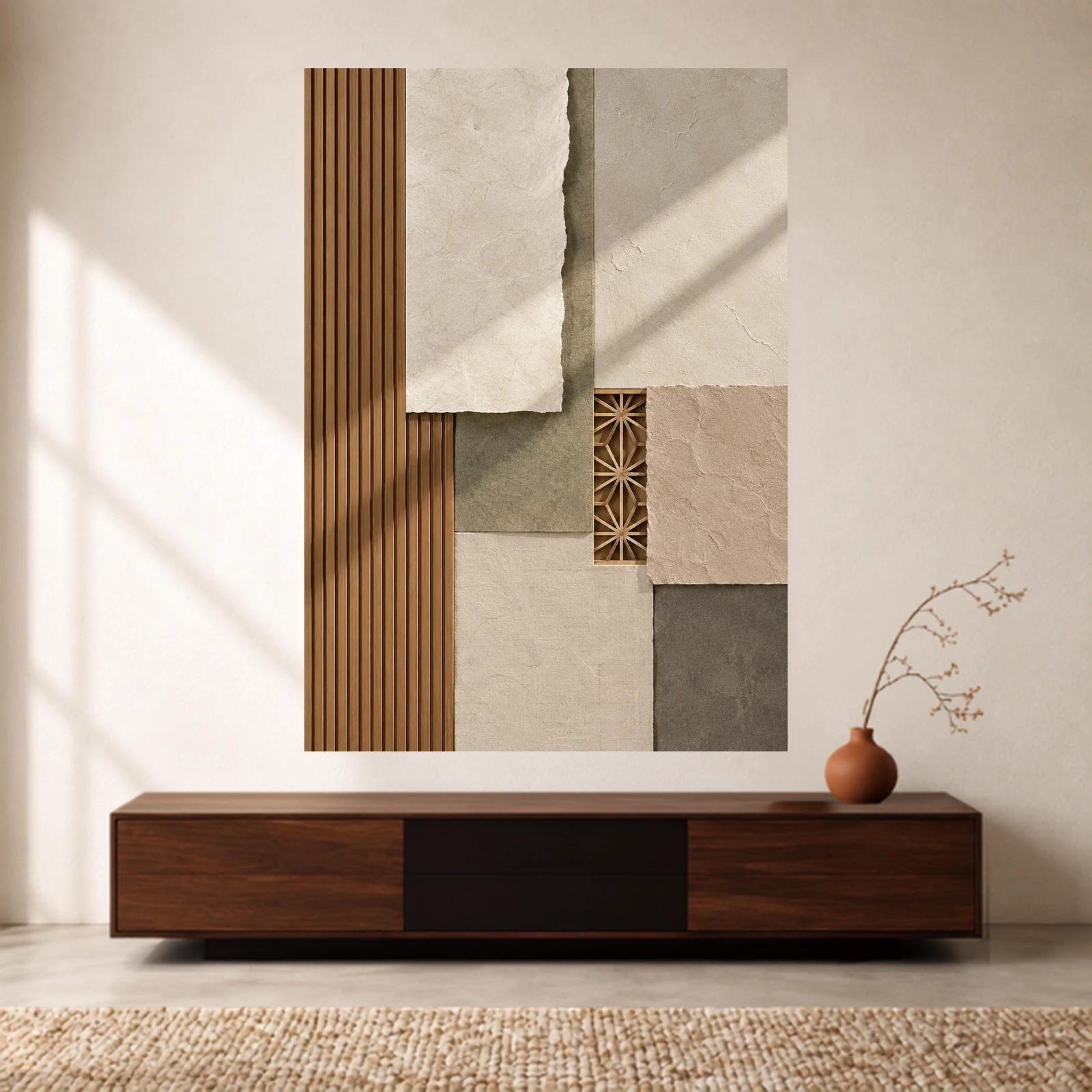 Japandi Textures print preview with brown vertical slats, layered beige and grey shapes and a small geometric lattice, above a console
